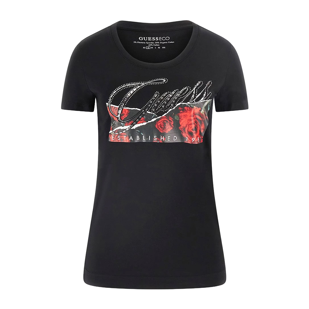 GUESS T-SHIRT MAGLIA MAGLIETTA DONNA STAMPA FLOREALE LOGO STRASS W5RI03J1314