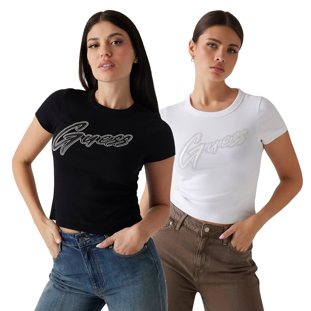 GUESS T-SHIRT MAGLIA MAGLIETTA DONNA LOGO CON BORCHIE COSTINE CORTA W5RI68KA0H1