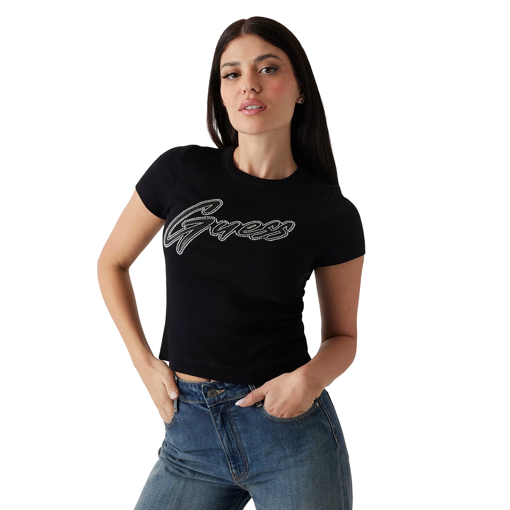GUESS T-SHIRT MAGLIA MAGLIETTA DONNA LOGO CON BORCHIE COSTINE CORTA W5RI68KA0H1