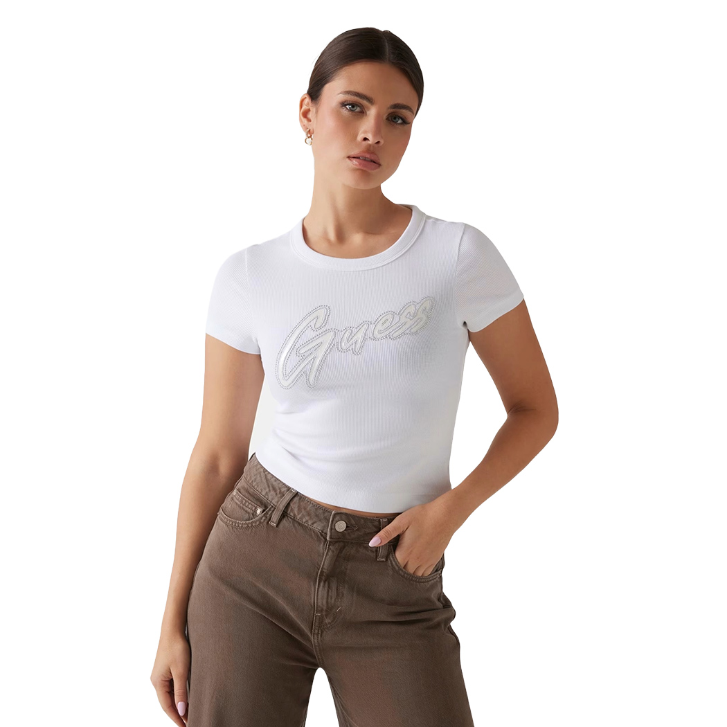 GUESS T-SHIRT MAGLIA MAGLIETTA DONNA LOGO CON BORCHIE COSTINE CORTA W5RI68KA0H1