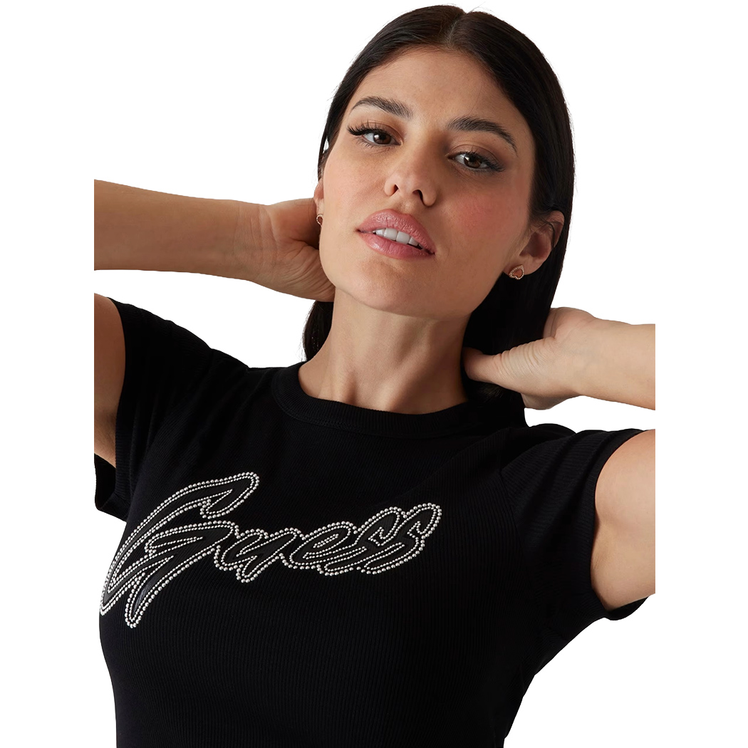 GUESS T-SHIRT MAGLIA MAGLIETTA DONNA LOGO CON BORCHIE COSTINE CORTA W5RI68KA0H1