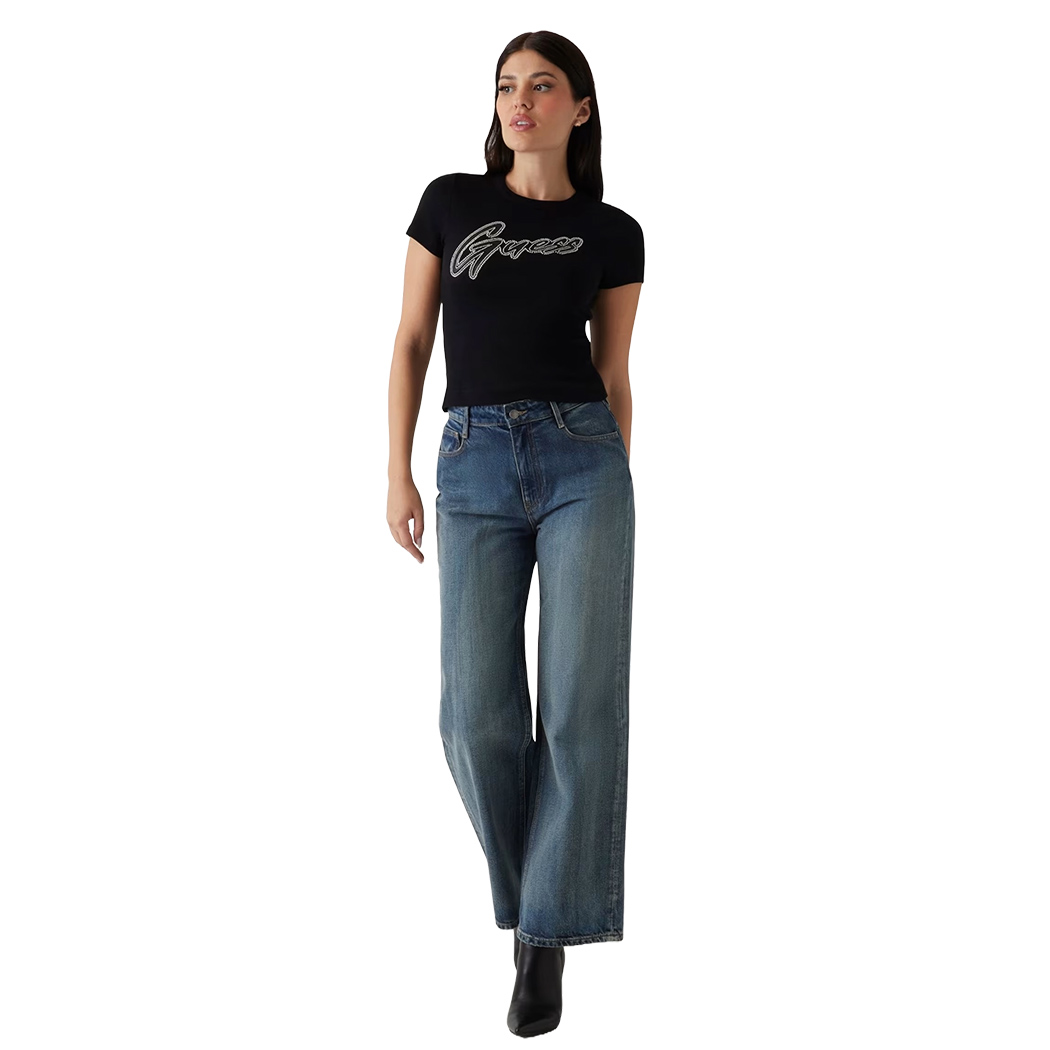 GUESS T-SHIRT MAGLIA MAGLIETTA DONNA LOGO CON BORCHIE COSTINE CORTA W5RI68KA0H1