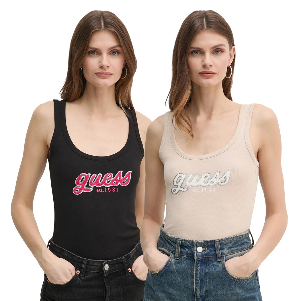GUESS CANOTTA TOP DONNA RAGAZZA LOGO PAILLETTES MAGLIA COSTE T-SHIRT W5RP03KA0H1