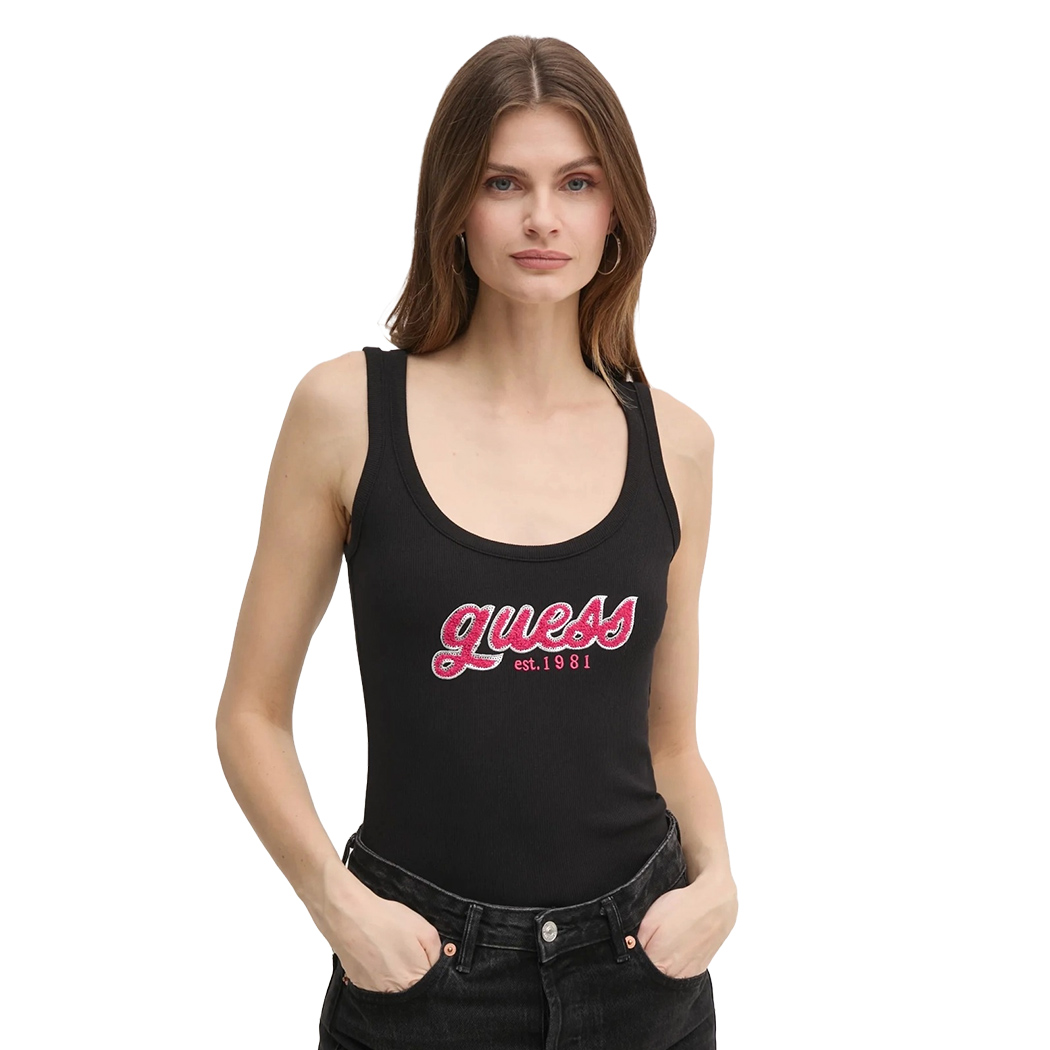 GUESS CANOTTA TOP DONNA RAGAZZA LOGO PAILLETTES MAGLIA COSTE T-SHIRT W5RP03KA0H1