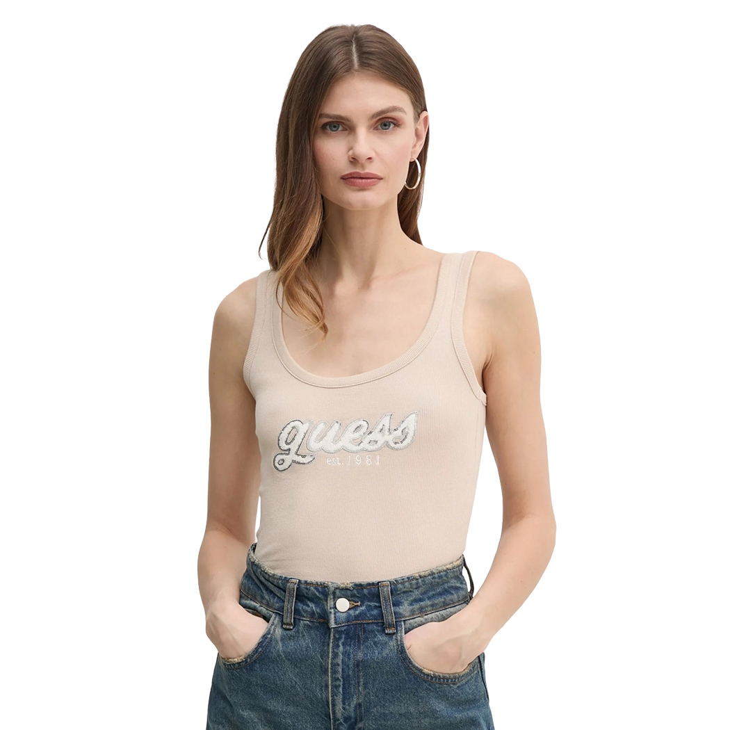GUESS CANOTTA TOP DONNA RAGAZZA LOGO PAILLETTES MAGLIA COSTE T-SHIRT W5RP03KA0H1