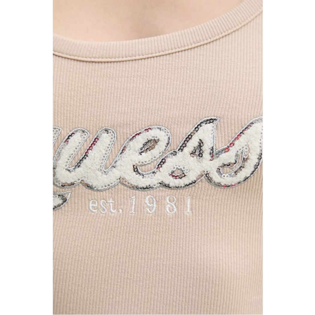 GUESS CANOTTA TOP DONNA RAGAZZA LOGO PAILLETTES MAGLIA COSTE T-SHIRT W5RP03KA0H1