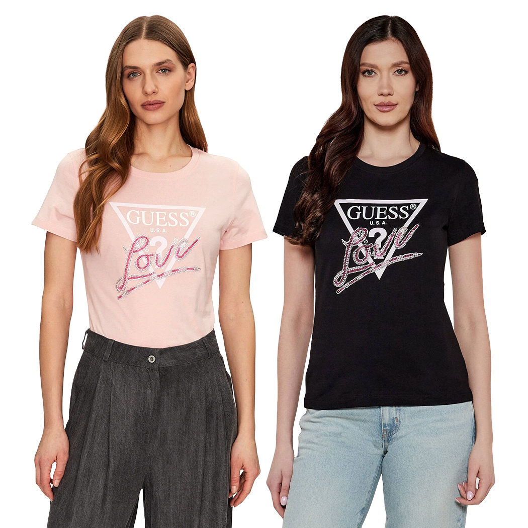 GUESS T-SHIRT MAGLIA MAGLIETTA DONNA LOGO FRONTALE TRIANGOLO STRASS W5GI05I3Z14