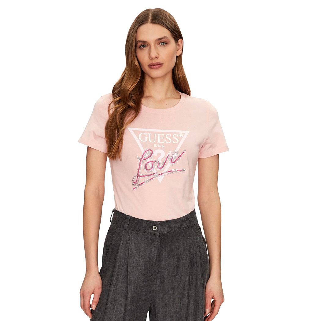 GUESS T-SHIRT MAGLIA MAGLIETTA DONNA LOGO FRONTALE TRIANGOLO STRASS W5GI05I3Z14