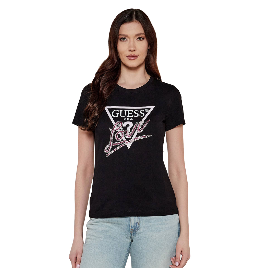 GUESS T-SHIRT MAGLIA MAGLIETTA DONNA LOGO FRONTALE TRIANGOLO STRASS W5GI05I3Z14