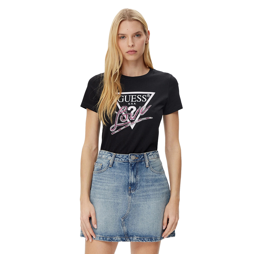 GUESS T-SHIRT MAGLIA MAGLIETTA DONNA LOGO FRONTALE TRIANGOLO STRASS W5GI05I3Z14