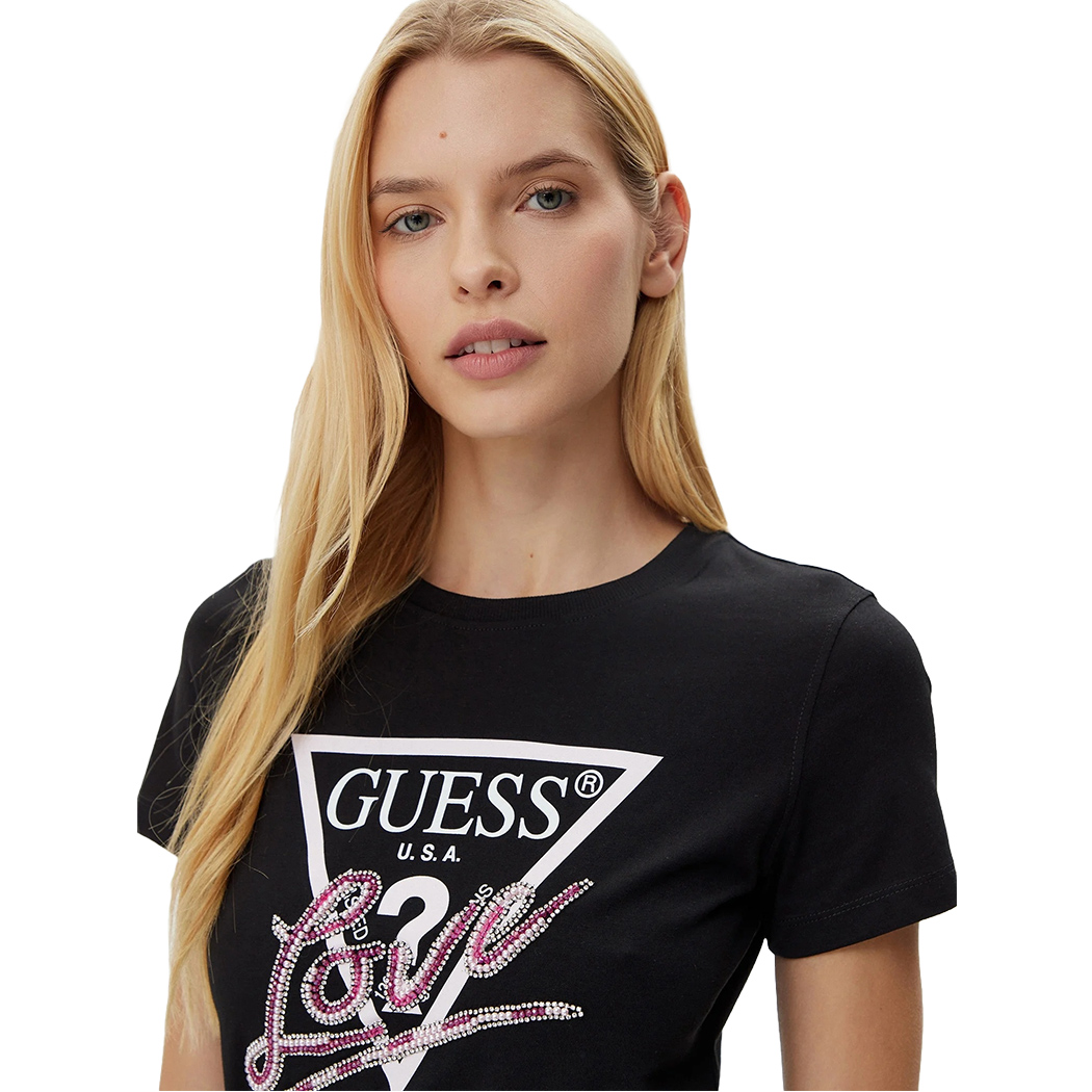 GUESS T-SHIRT MAGLIA MAGLIETTA DONNA LOGO FRONTALE TRIANGOLO STRASS W5GI05I3Z14