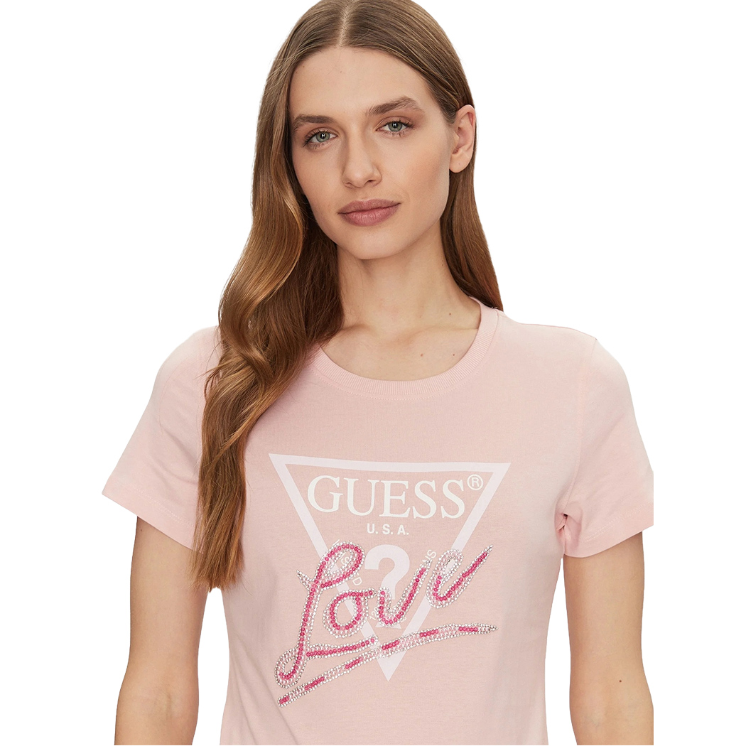 GUESS T-SHIRT MAGLIA MAGLIETTA DONNA LOGO FRONTALE TRIANGOLO STRASS W5GI05I3Z14