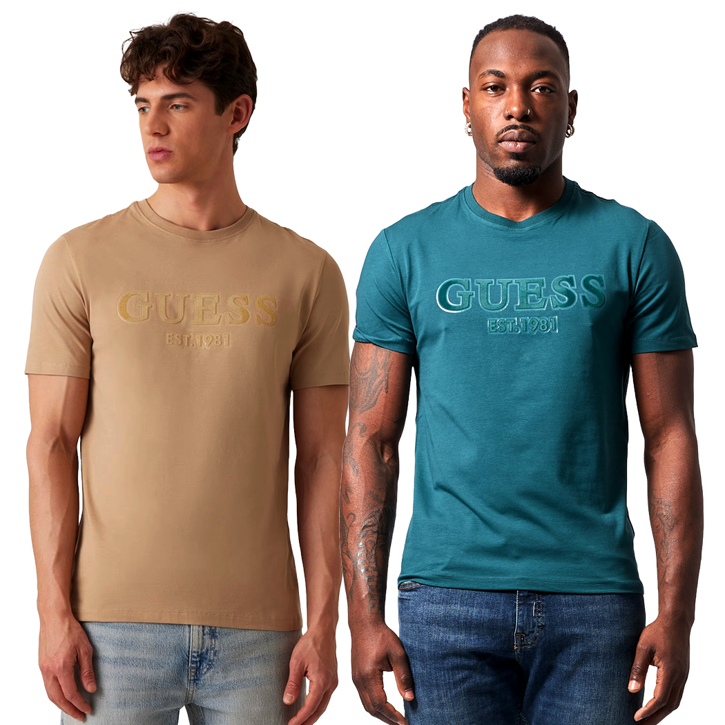GUESS T-SHIRT UOMO MAGLIA COTONE JERSEY STRETCH LOGO FLOCCATO M5RI12J1314