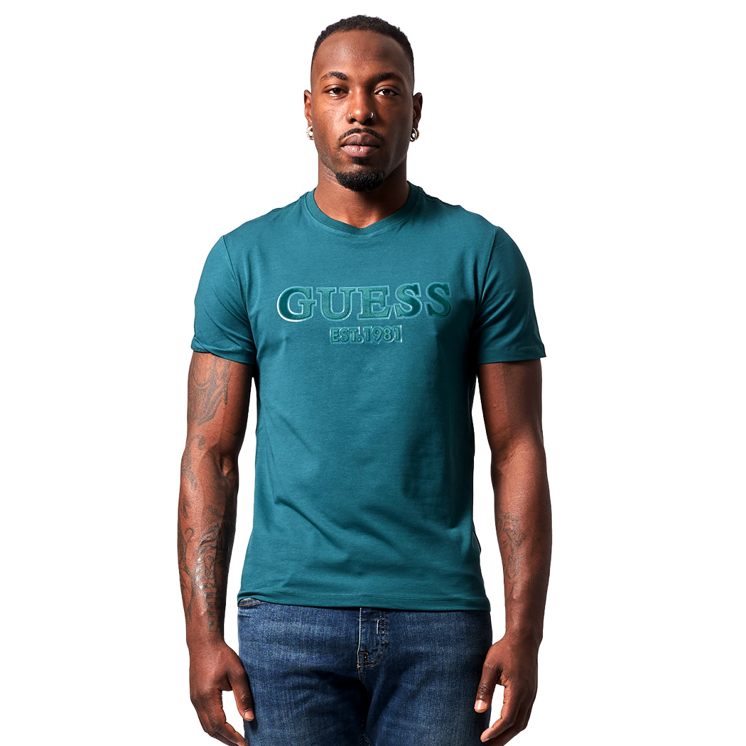 GUESS T-SHIRT UOMO MAGLIA COTONE JERSEY STRETCH LOGO FLOCCATO M5RI12J1314