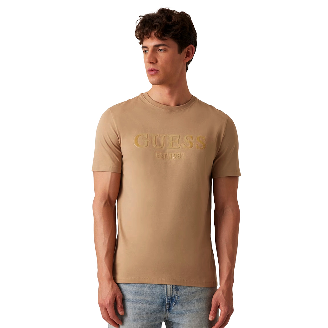 GUESS T-SHIRT UOMO MAGLIA COTONE JERSEY STRETCH LOGO FLOCCATO M5RI12J1314