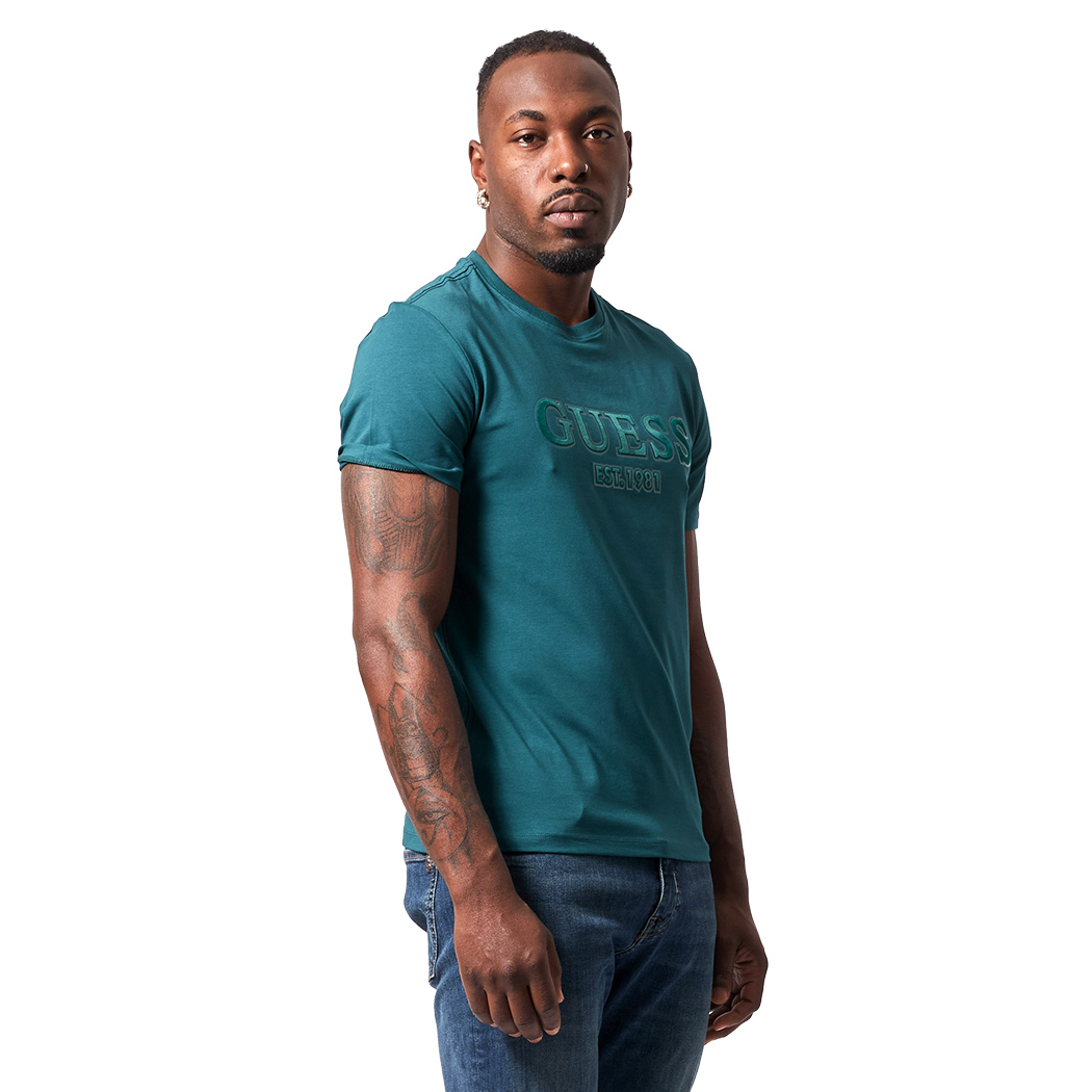 GUESS T-SHIRT UOMO MAGLIA COTONE JERSEY STRETCH LOGO FLOCCATO M5RI12J1314