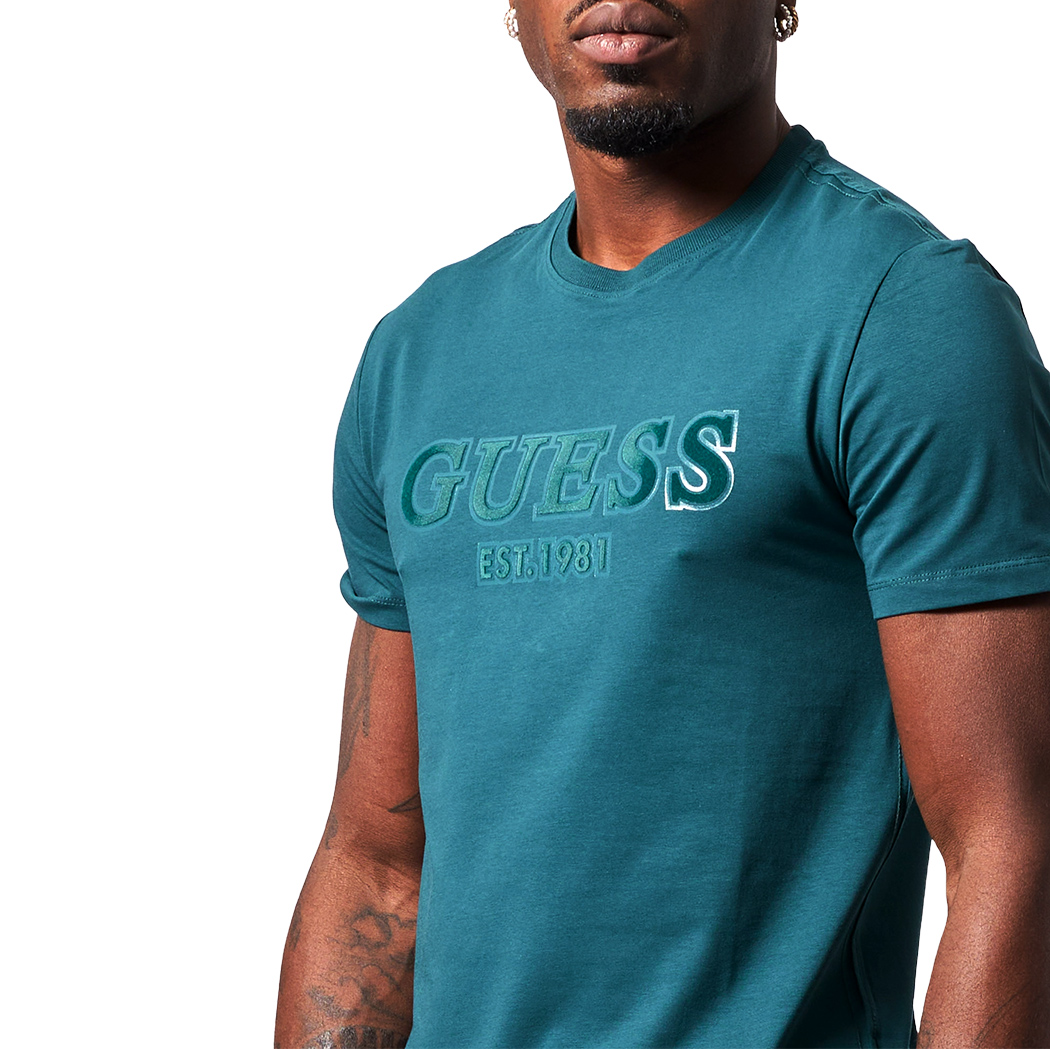 GUESS T-SHIRT UOMO MAGLIA COTONE JERSEY STRETCH LOGO FLOCCATO M5RI12J1314