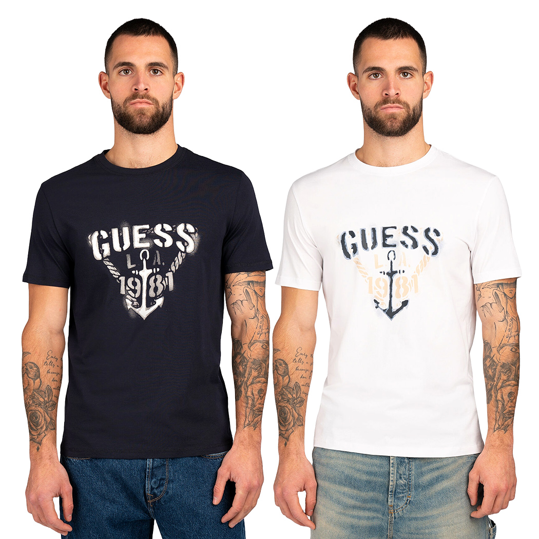 GUESS T-SHIRT UOMO MAGLIA COTONE JERSEY LOGO TRIANGOLO ANCORA M5RI16J1314