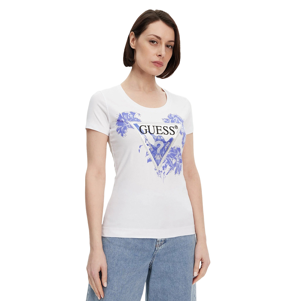 GUESS T-SHIRT MAGLIA MAGLIETTA DONNA LOGO FRONTALE STRASS GIRL W5GI08J1314