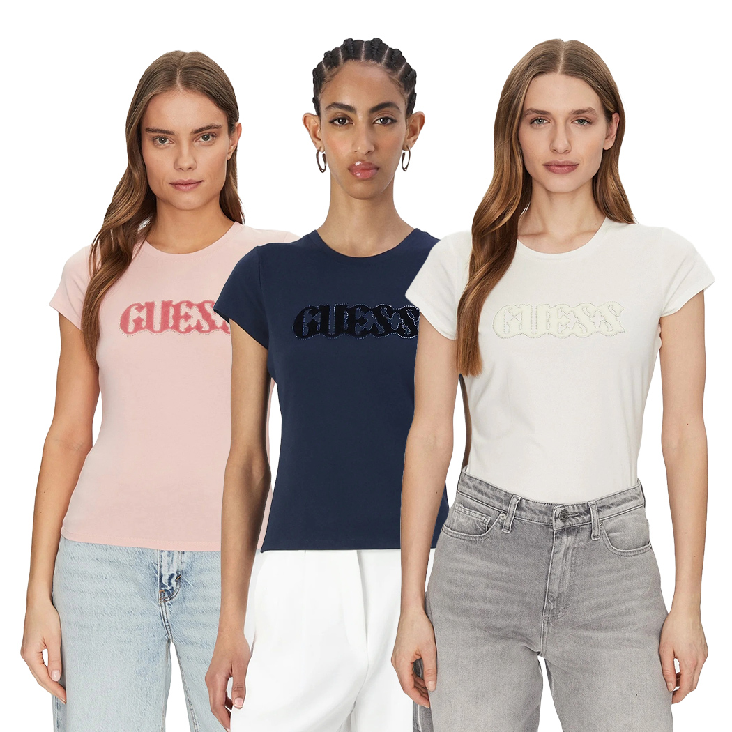 GUESS T-SHIRT MAGLIA MAGLIETTA DONNA LOGO FRONTALE BRILLANTINI CORTA W5GI42J1314
