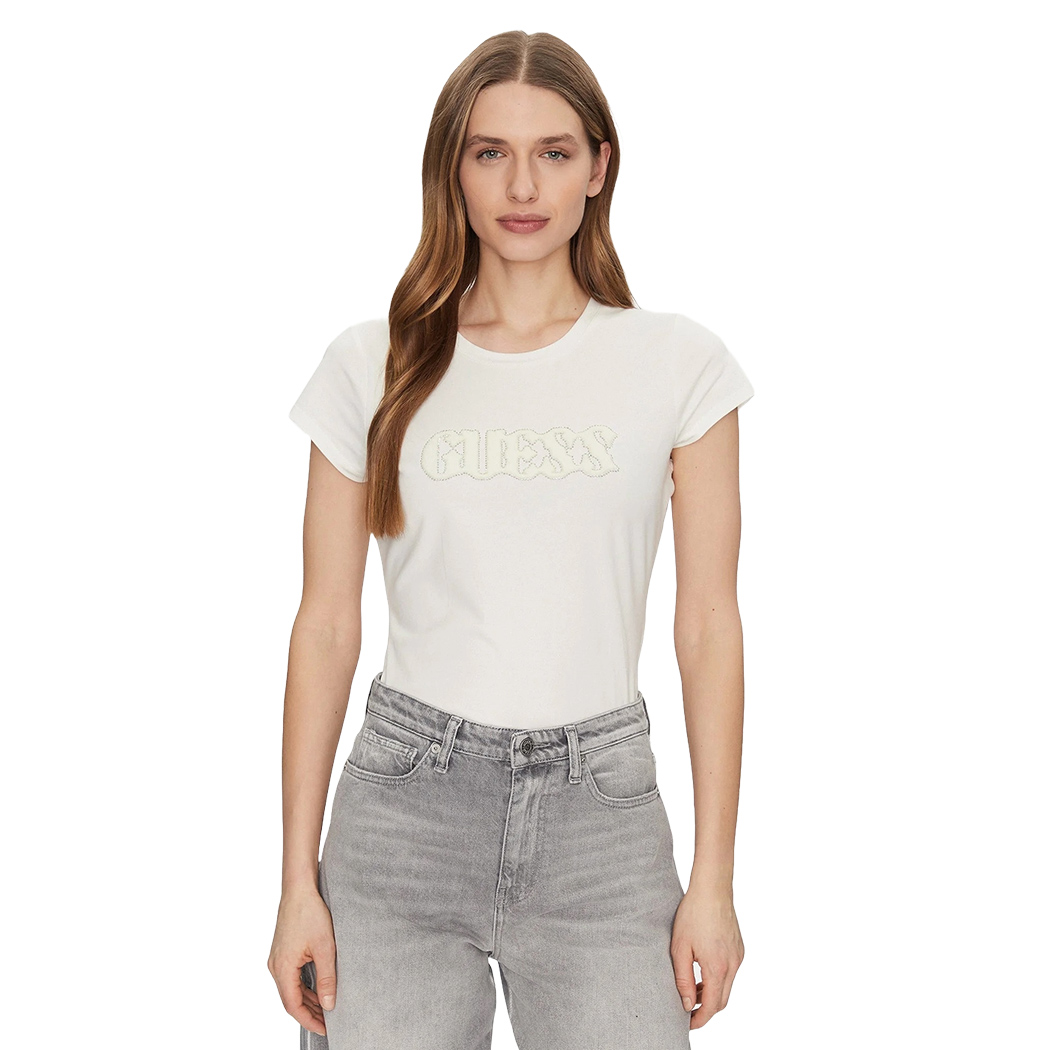 GUESS T-SHIRT MAGLIA MAGLIETTA DONNA LOGO FRONTALE BRILLANTINI CORTA W5GI42J1314