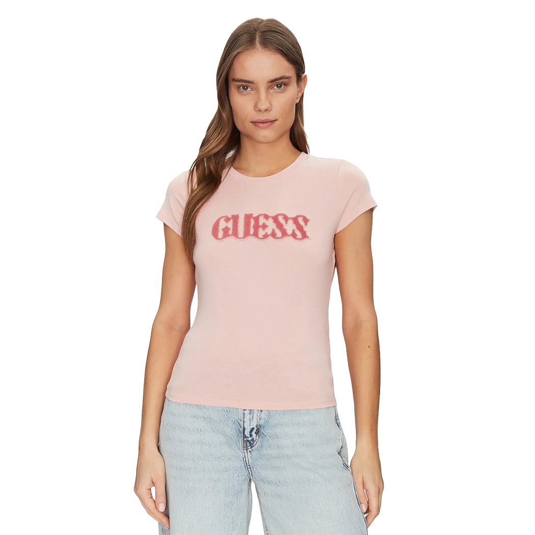 GUESS T-SHIRT MAGLIA MAGLIETTA DONNA LOGO FRONTALE BRILLANTINI CORTA W5GI42J1314
