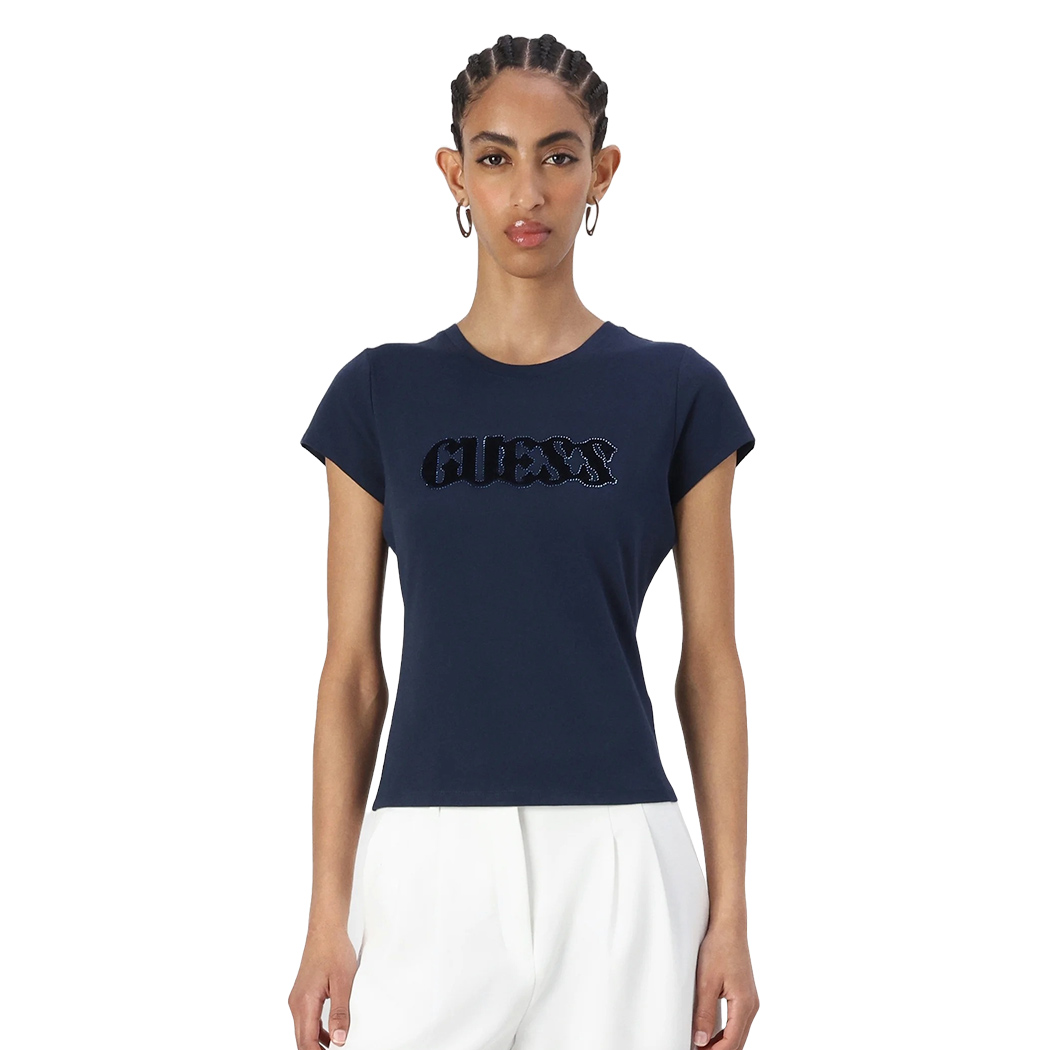 GUESS T-SHIRT MAGLIA MAGLIETTA DONNA LOGO FRONTALE BRILLANTINI CORTA W5GI42J1314