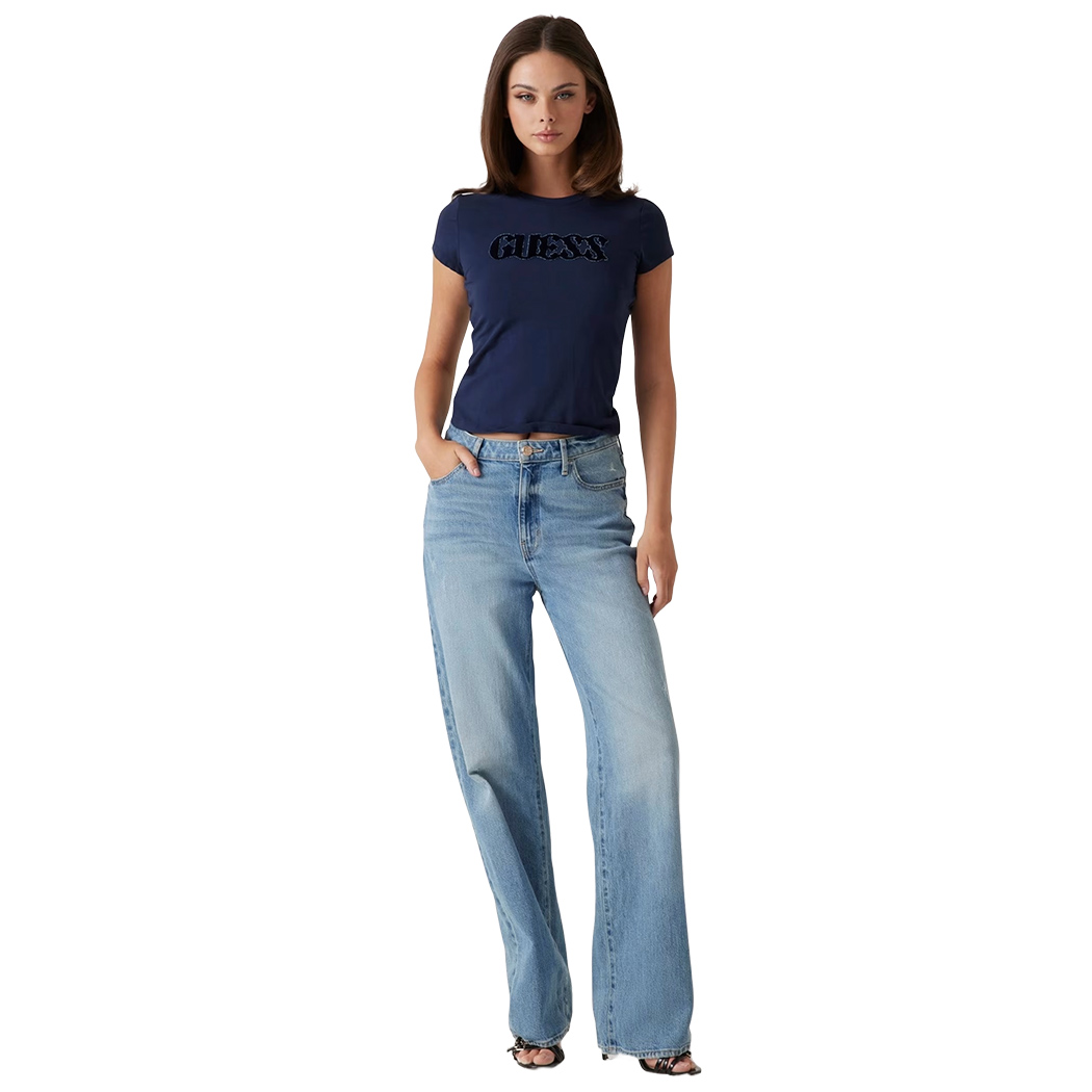 GUESS T-SHIRT MAGLIA MAGLIETTA DONNA LOGO FRONTALE BRILLANTINI CORTA W5GI42J1314