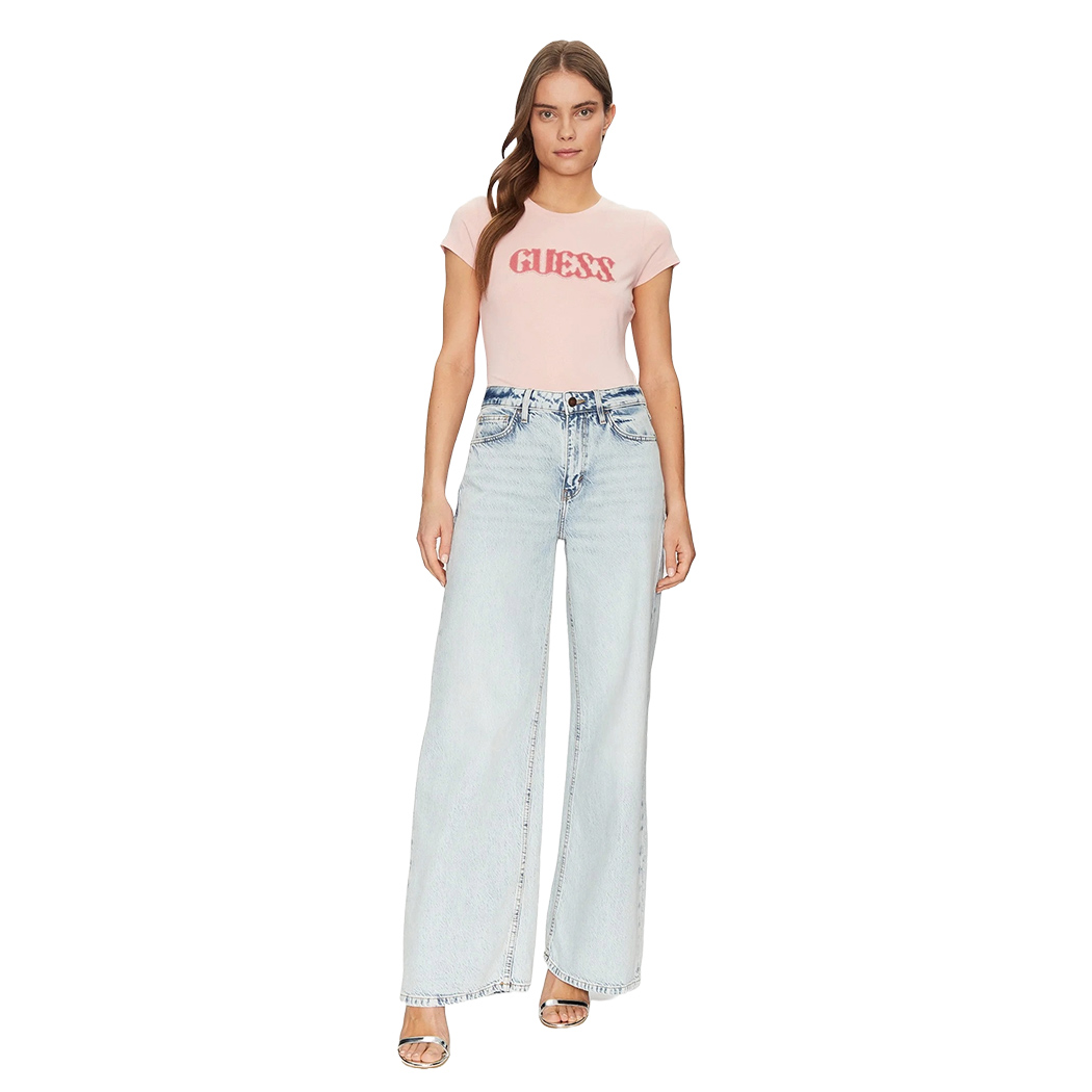 GUESS T-SHIRT MAGLIA MAGLIETTA DONNA LOGO FRONTALE BRILLANTINI CORTA W5GI42J1314