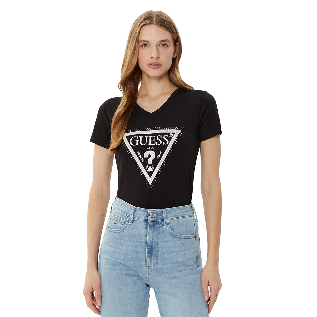 GUESS T-SHIRT MAGLIA SCOLLO A V DONNA LOGO FRONTALE TRIANGOLO STRASS W5RI21J1314