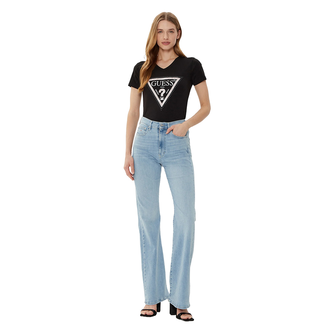 GUESS T-SHIRT MAGLIA SCOLLO A V DONNA LOGO FRONTALE TRIANGOLO STRASS W5RI21J1314