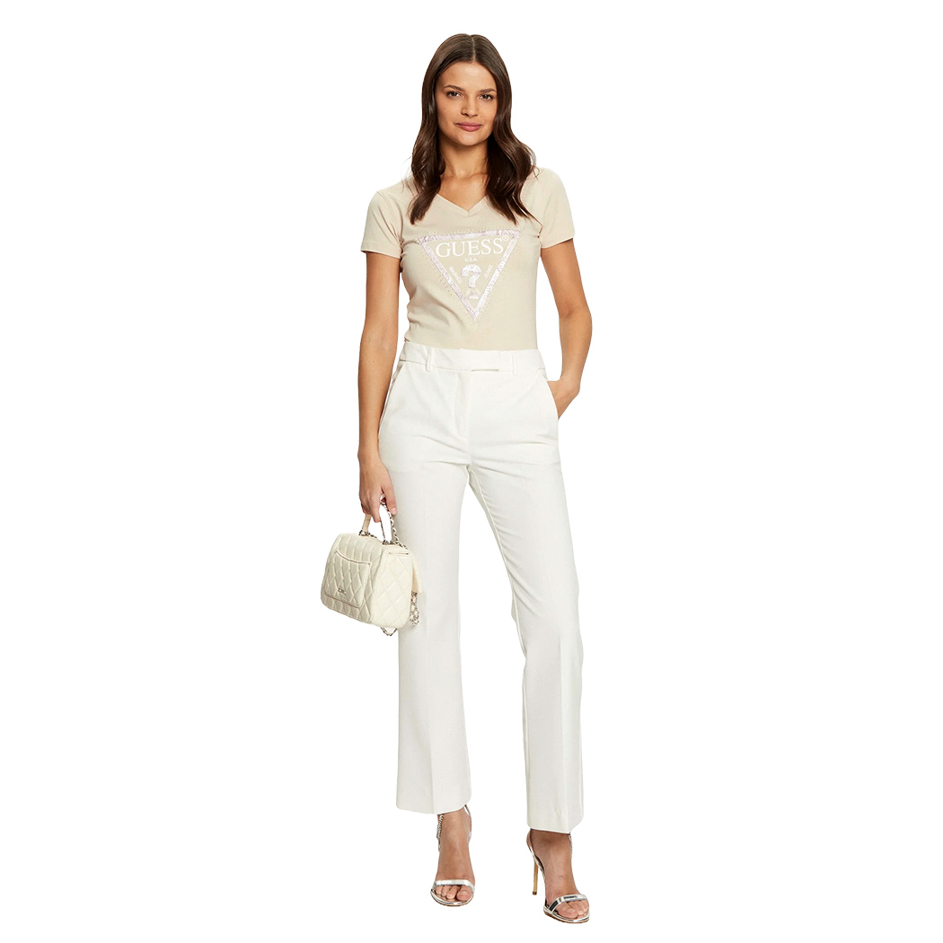 GUESS T-SHIRT MAGLIA SCOLLO A V DONNA LOGO FRONTALE TRIANGOLO STRASS W5RI21J1314