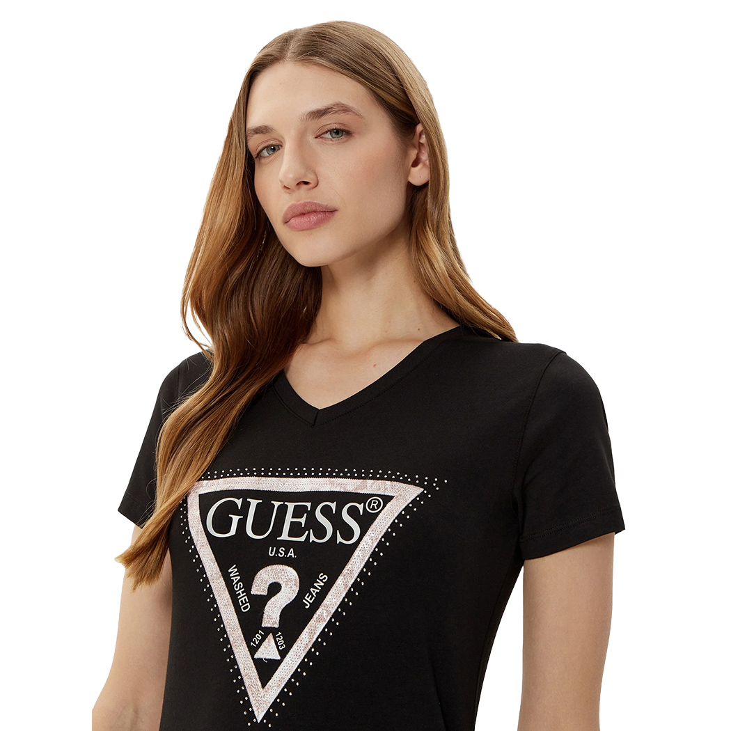 GUESS T-SHIRT MAGLIA SCOLLO A V DONNA LOGO FRONTALE TRIANGOLO STRASS W5RI21J1314
