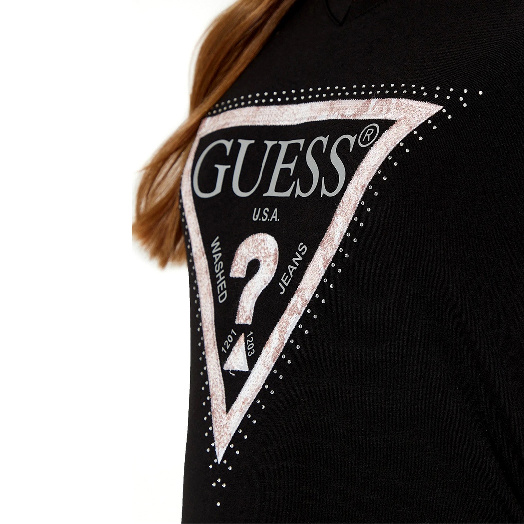 GUESS T-SHIRT MAGLIA SCOLLO A V DONNA LOGO FRONTALE TRIANGOLO STRASS W5RI21J1314
