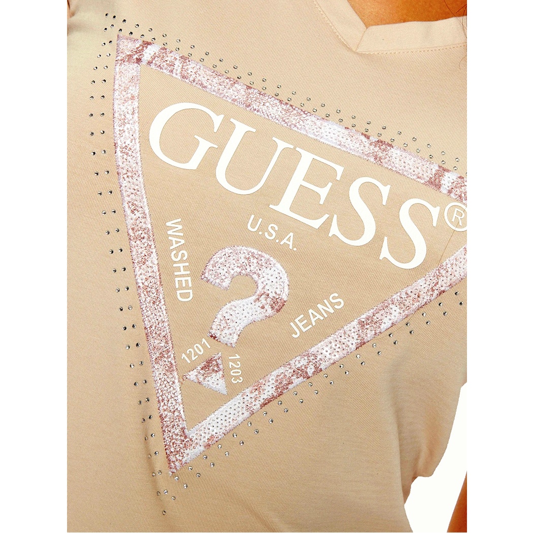 GUESS T-SHIRT MAGLIA SCOLLO A V DONNA LOGO FRONTALE TRIANGOLO STRASS W5RI21J1314