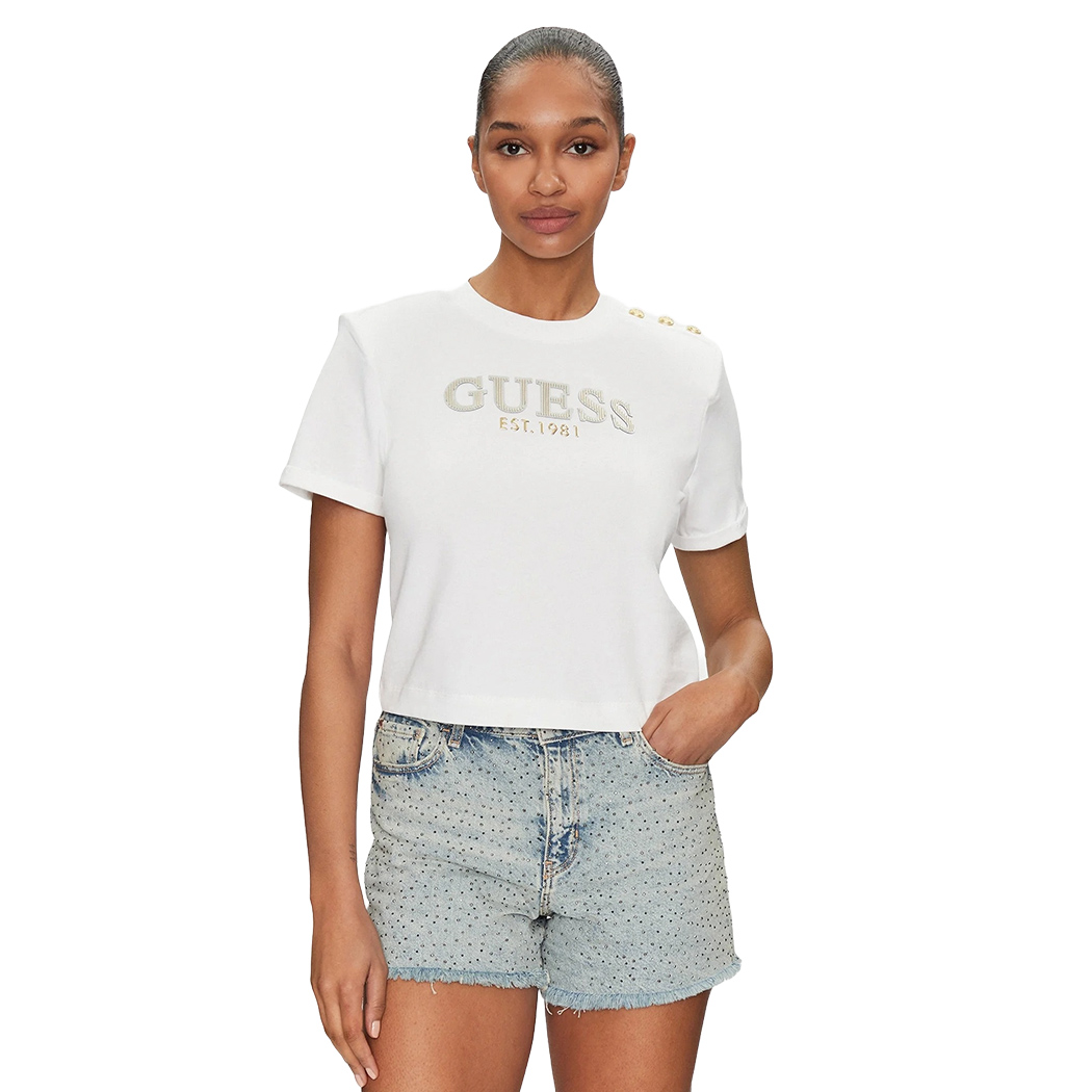 GUESS T-SHIRT MAGLIA MAGLIETTA DONNA BOXY CROPPED CON LOGO W5GI15K8FQ4
