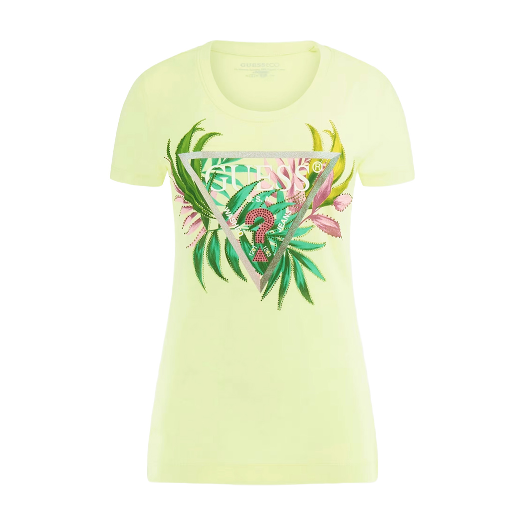 GUESS T-SHIRT MAGLIA SLIM MAGLIETTA DONNA LOGO FIORI STRASS W5GI07J1314
