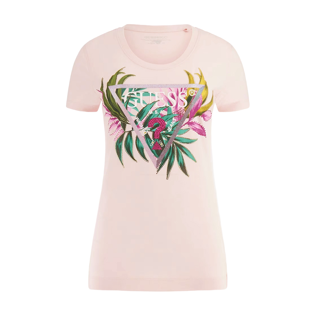 GUESS T-SHIRT MAGLIA SLIM MAGLIETTA DONNA LOGO FIORI STRASS W5GI07J1314