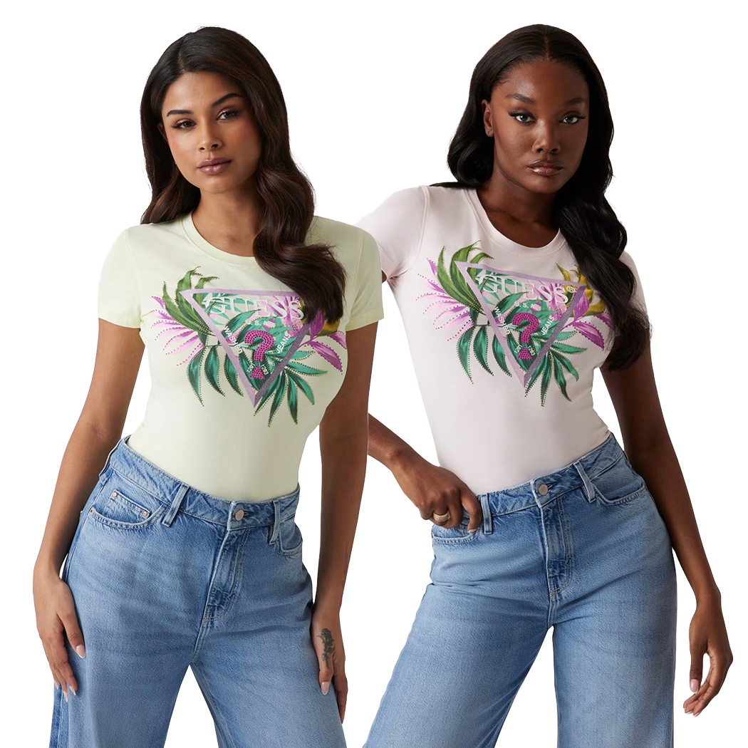 GUESS T-SHIRT MAGLIA SLIM MAGLIETTA DONNA LOGO FIORI STRASS W5GI07J1314