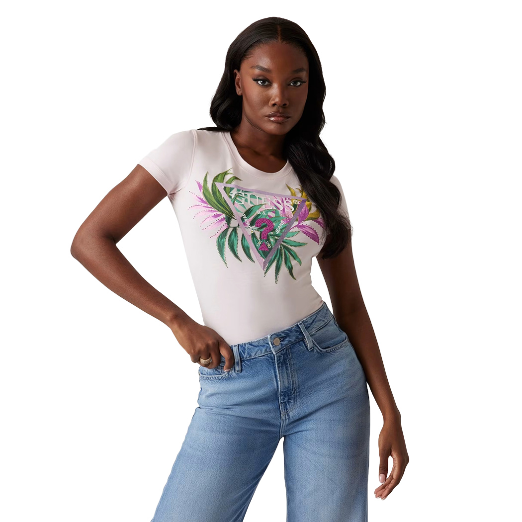 GUESS T-SHIRT MAGLIA SLIM MAGLIETTA DONNA LOGO FIORI STRASS W5GI07J1314