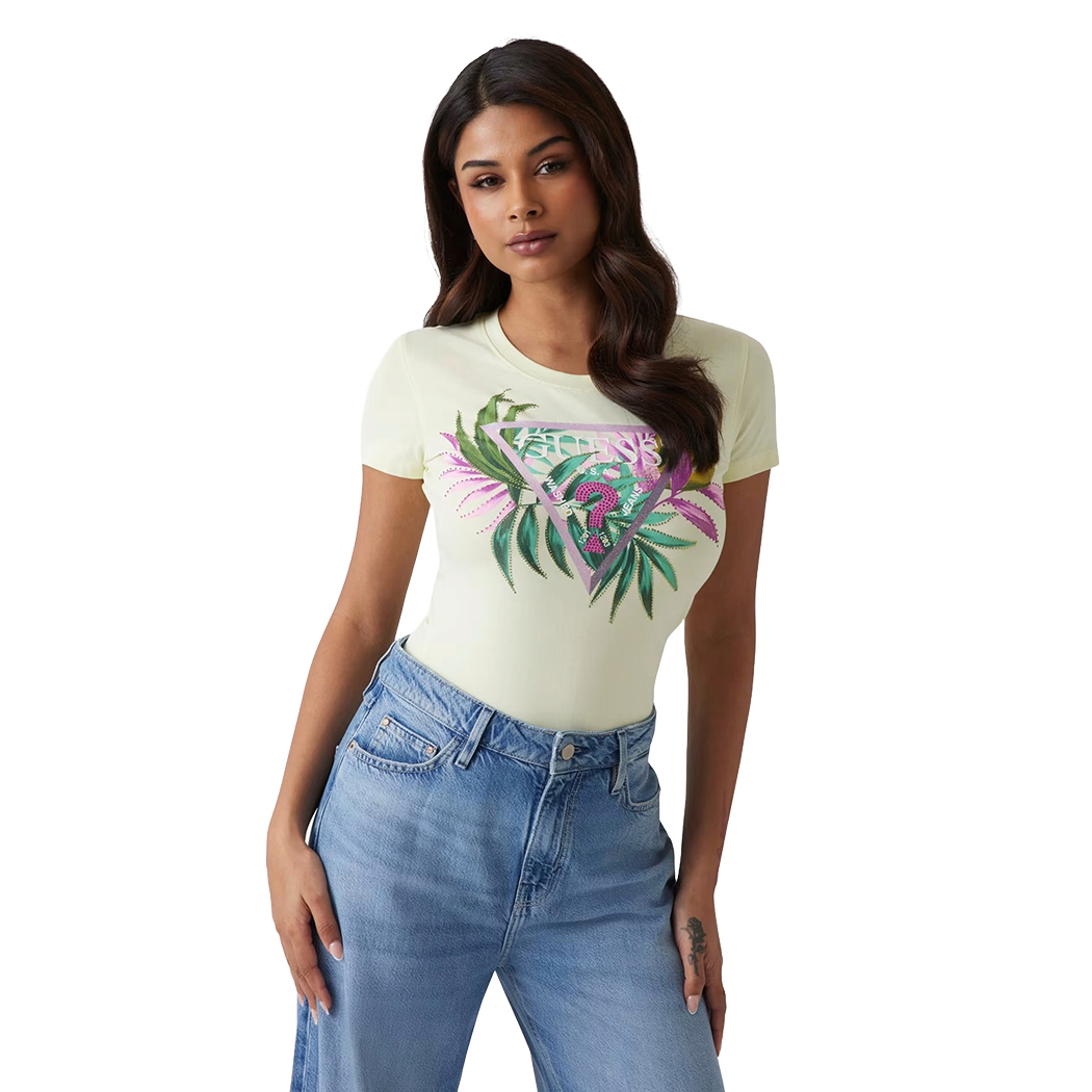 GUESS T-SHIRT MAGLIA SLIM MAGLIETTA DONNA LOGO FIORI STRASS W5GI07J1314