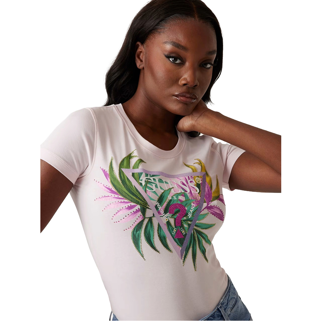 GUESS T-SHIRT MAGLIA SLIM MAGLIETTA DONNA LOGO FIORI STRASS W5GI07J1314
