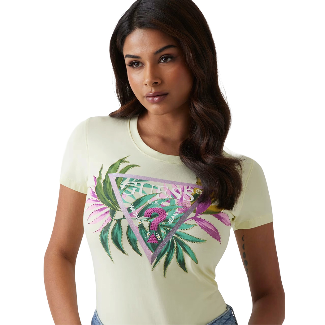 GUESS T-SHIRT MAGLIA SLIM MAGLIETTA DONNA LOGO FIORI STRASS W5GI07J1314