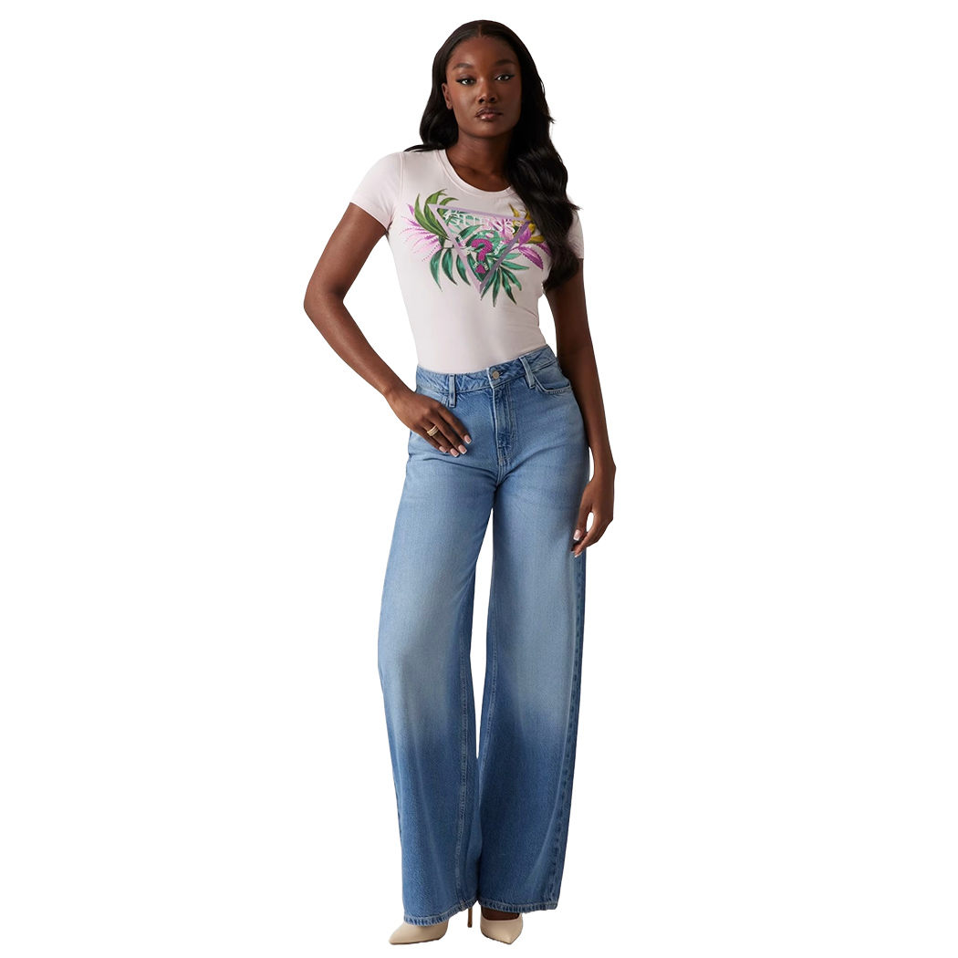 GUESS T-SHIRT MAGLIA SLIM MAGLIETTA DONNA LOGO FIORI STRASS W5GI07J1314