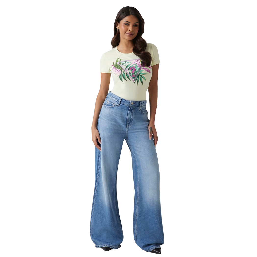 GUESS T-SHIRT MAGLIA SLIM MAGLIETTA DONNA LOGO FIORI STRASS W5GI07J1314