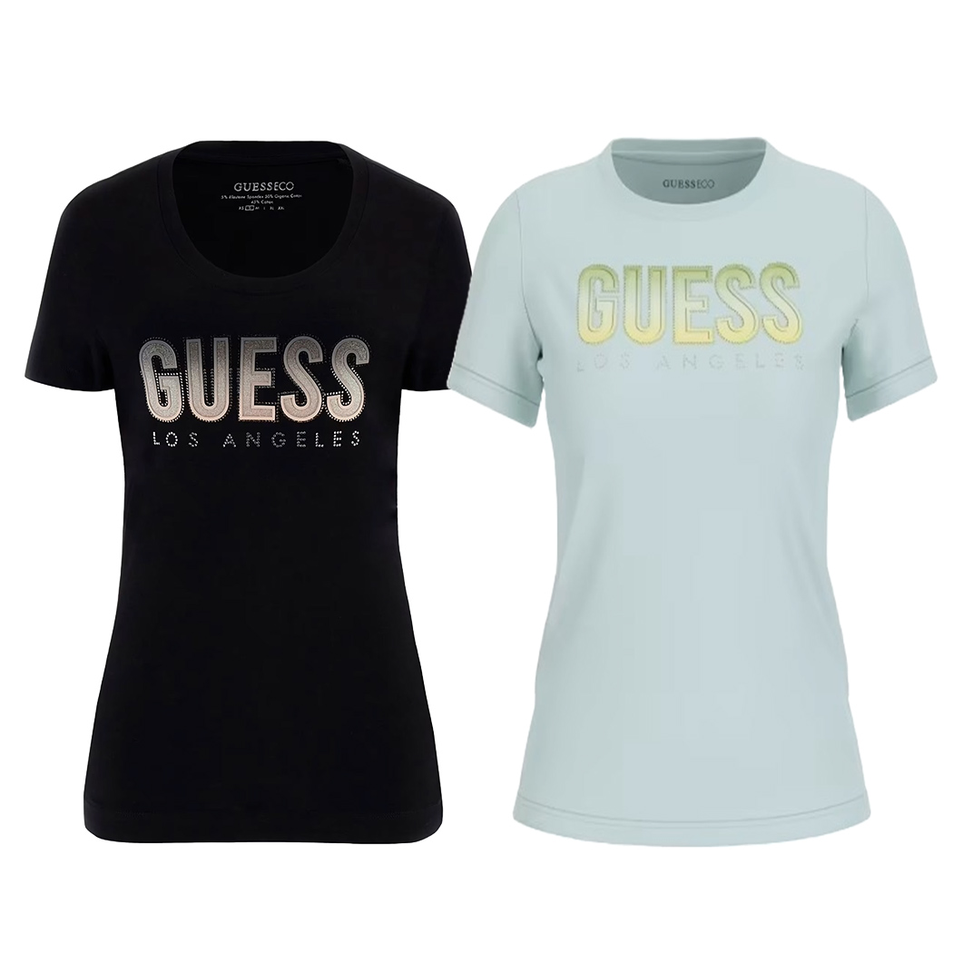 GUESS T-SHIRT MAGLIA MAGLIETTA DONNA LOGO SFUMATO FRONTALE STRASS W5GI14J1314
