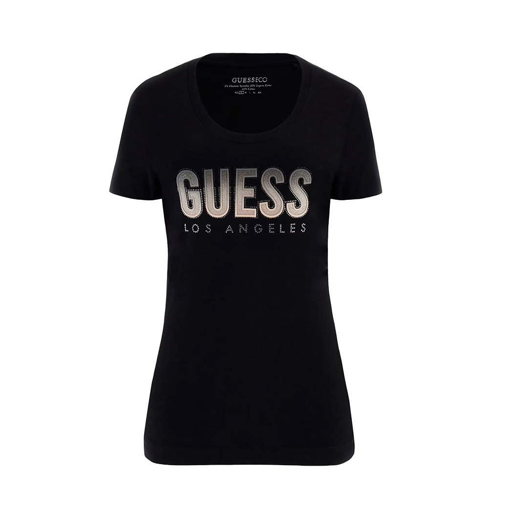 GUESS T-SHIRT MAGLIA MAGLIETTA DONNA LOGO SFUMATO FRONTALE STRASS W5GI14J1314