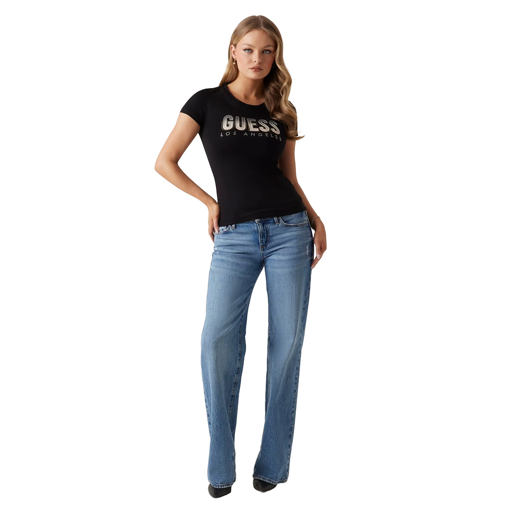 GUESS T-SHIRT MAGLIA MAGLIETTA DONNA LOGO SFUMATO FRONTALE STRASS W5GI14J1314