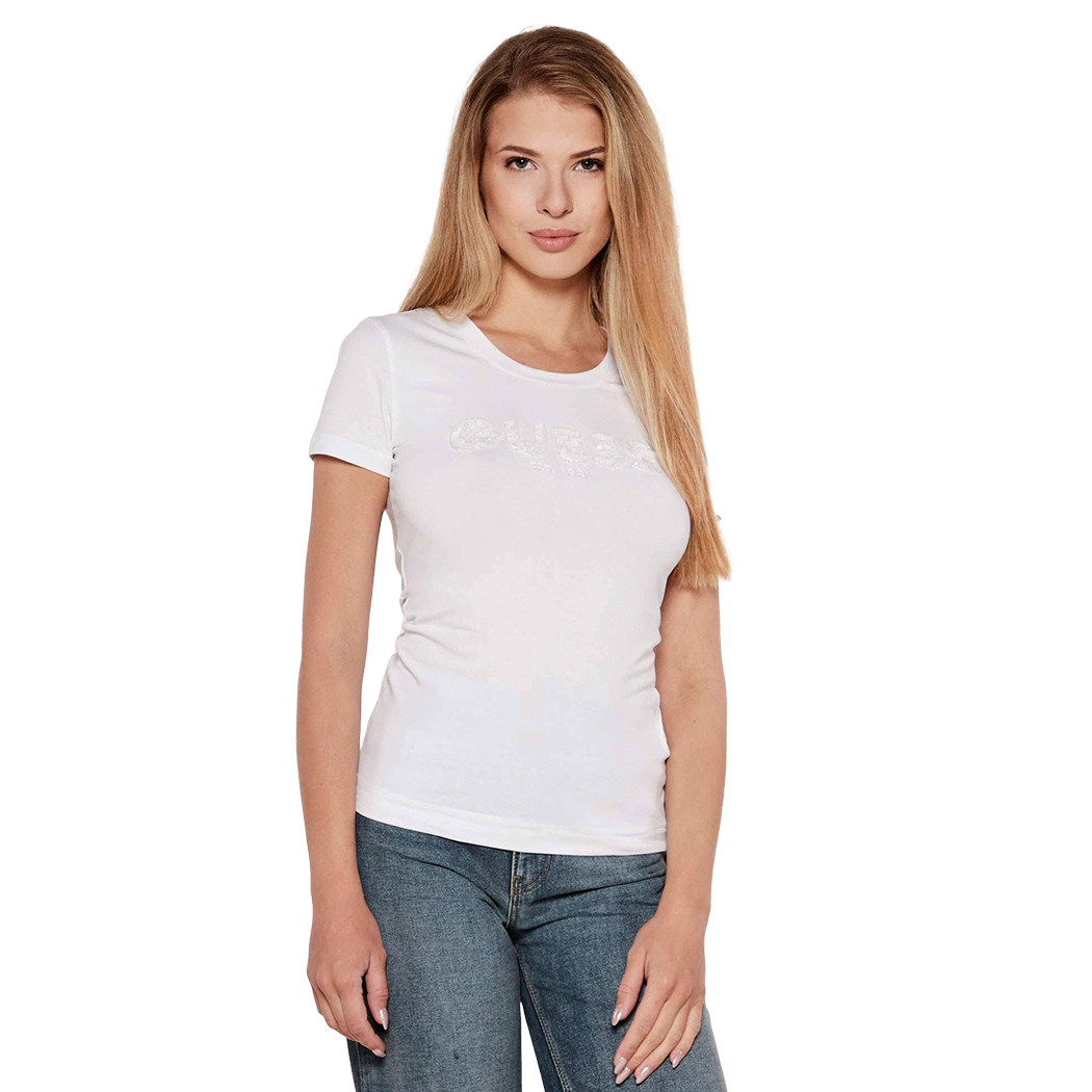 GUESS T-SHIRT MAGLIA MAGLIETTA DONNA LOGO CORALLINI E PAILLETTES W5GI17J1314