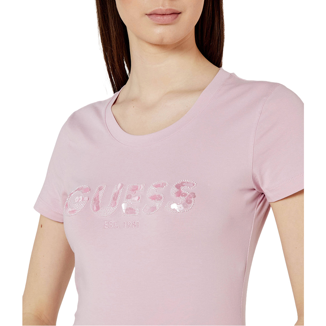 GUESS T-SHIRT MAGLIA MAGLIETTA DONNA LOGO CORALLINI E PAILLETTES W5GI17J1314